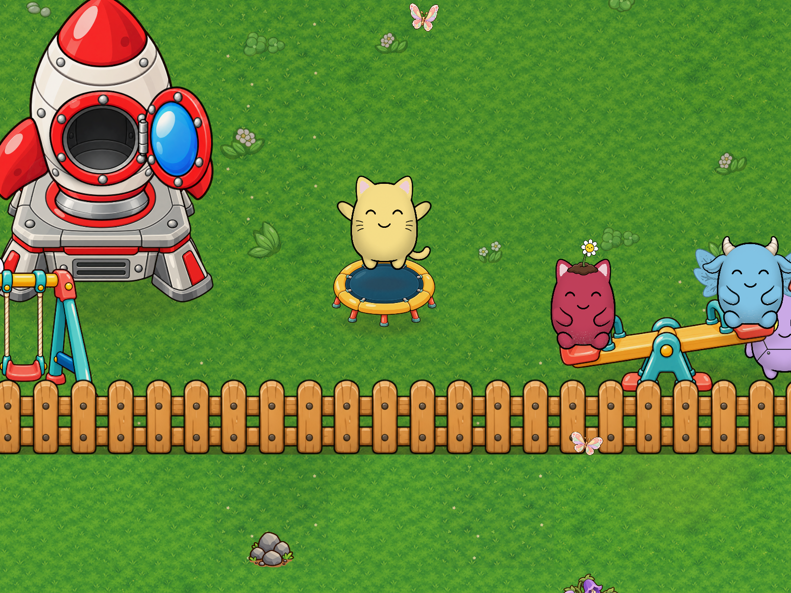 Pochis in a furnished garden.