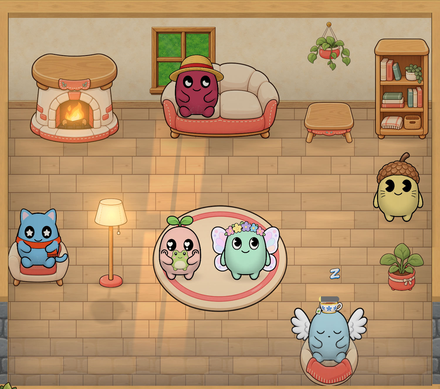 Pochi pets relaxing in a room with a fireplace, plants and soft chairs.