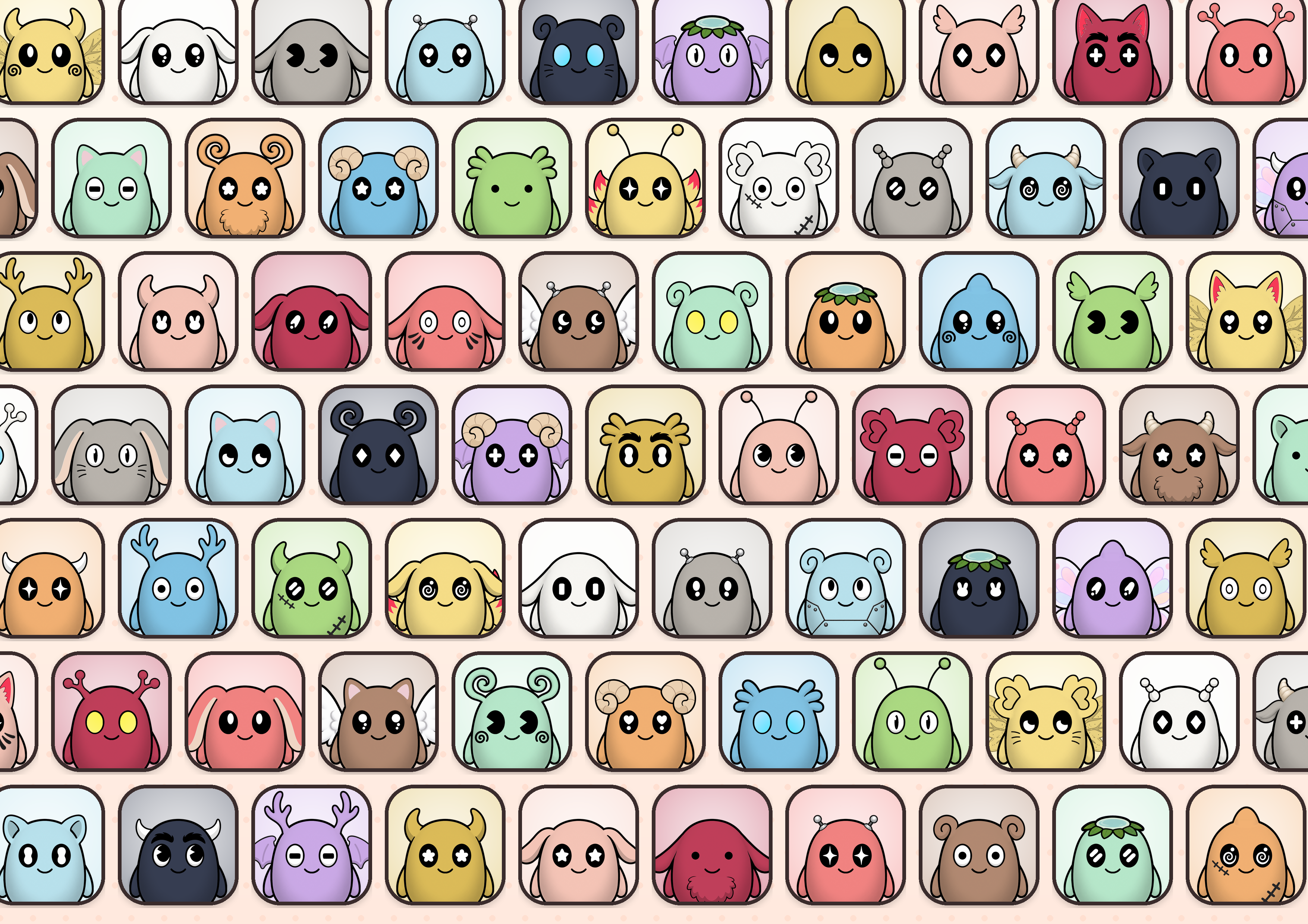 The complete Pochi collection mosaic, with rows of pets in different colors and shapes.